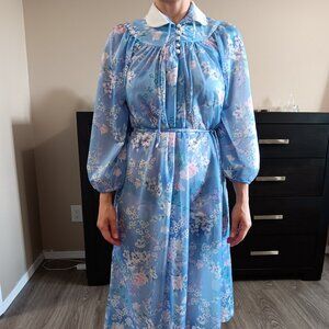 Vintage Sheer Blue Floral Dress Peter Pan Collar Button Up Neck Matching Belt